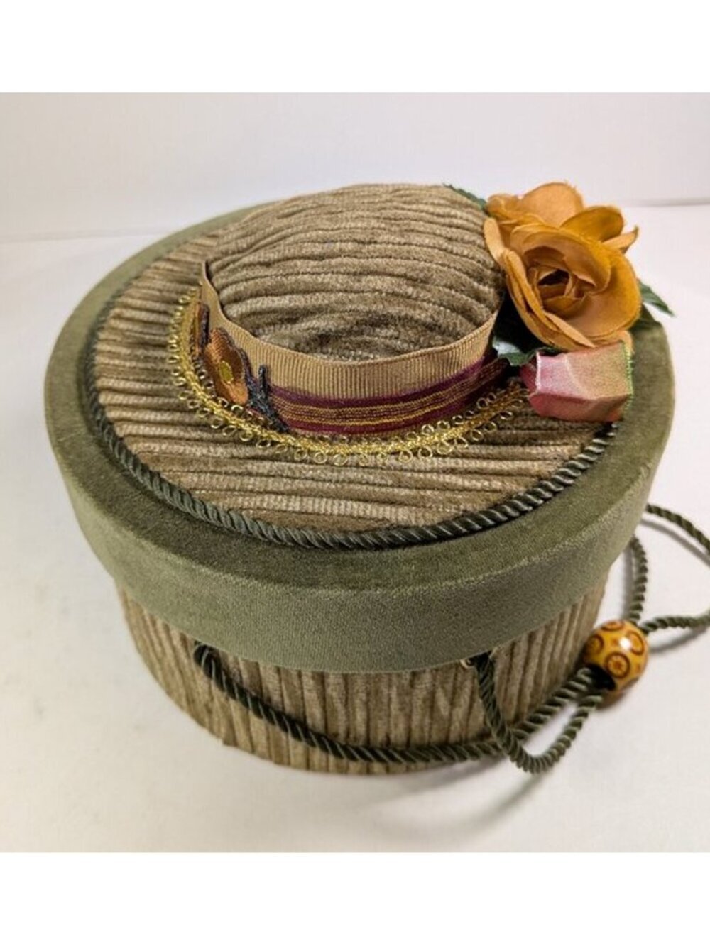 Tan Corduroy & Rose Floral Padded Vanity/Sewing Hat shape Box Mother's Day